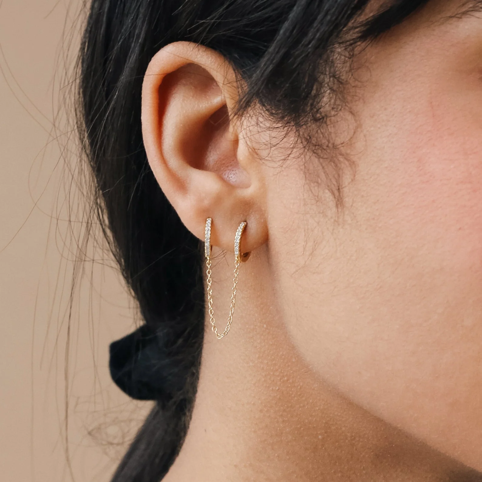 Pave Duo Chain Earrings in 18K Gold - Image 3