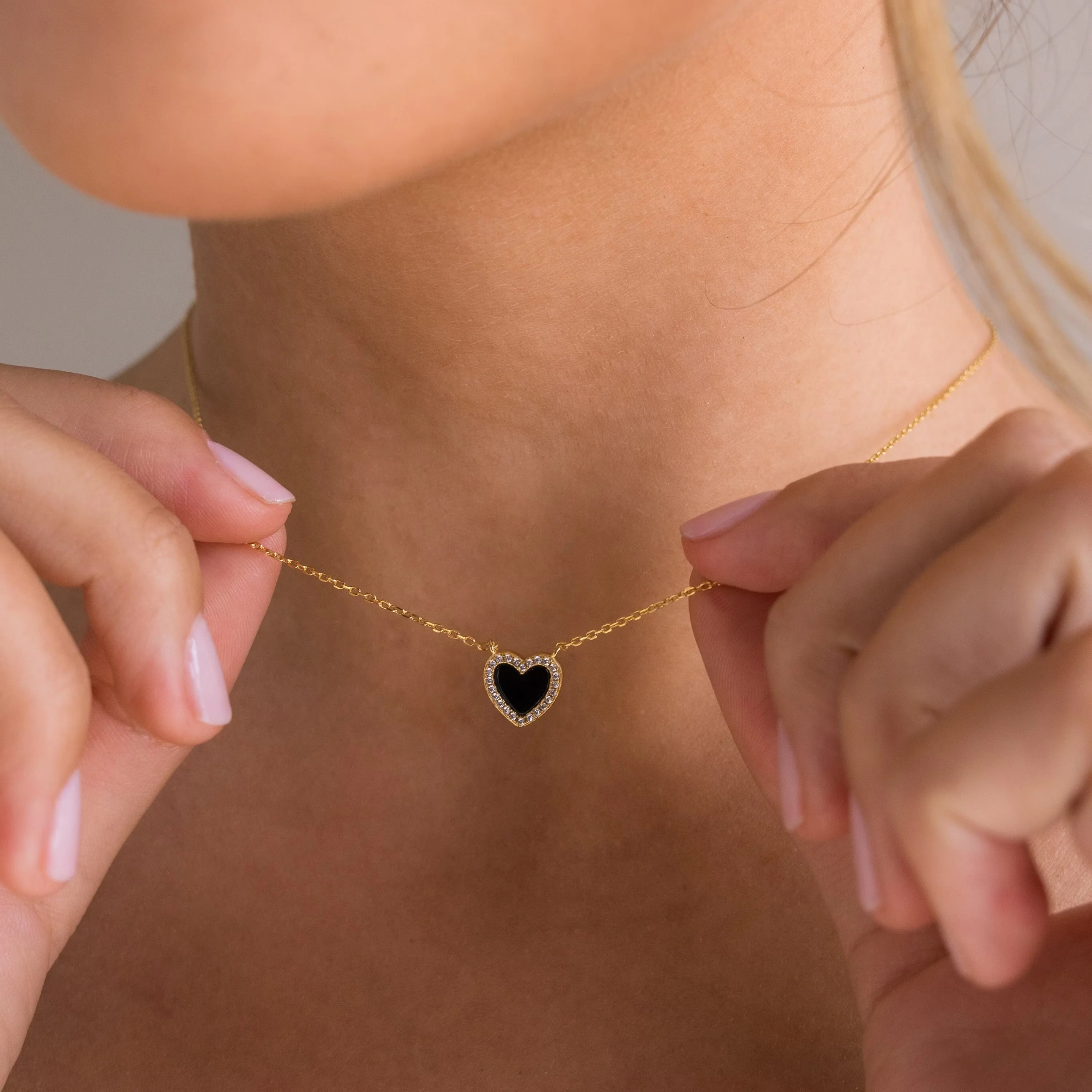 Pave Onyx Heart Necklace in 18K Gold - Image 2