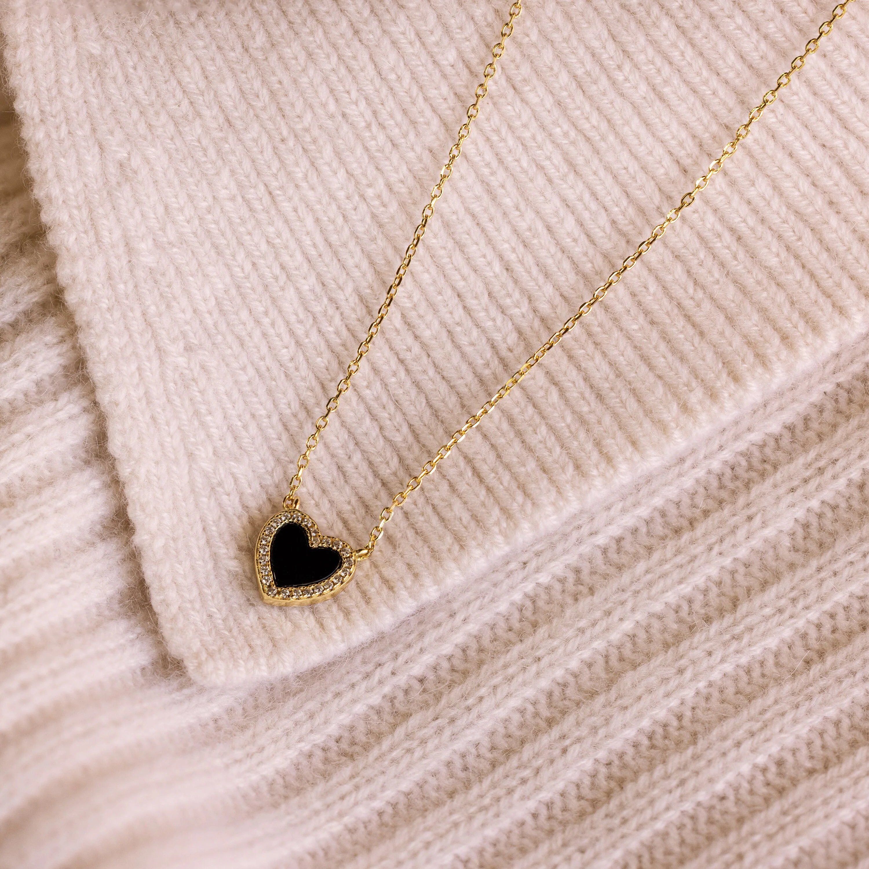 Pave Onyx Heart Necklace in 18K Gold
