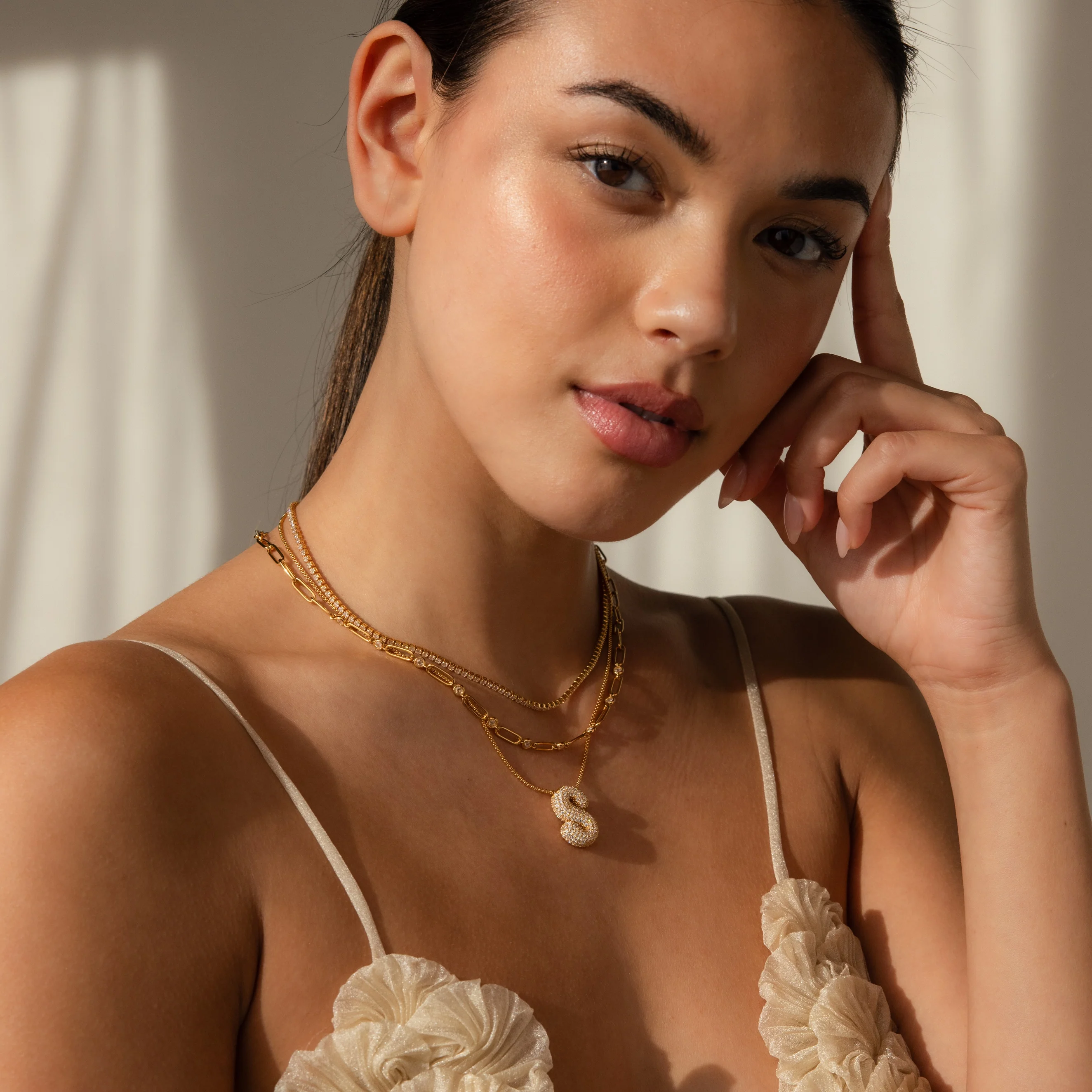Pave Puff Letter Necklace in 18K Gold - Image 8