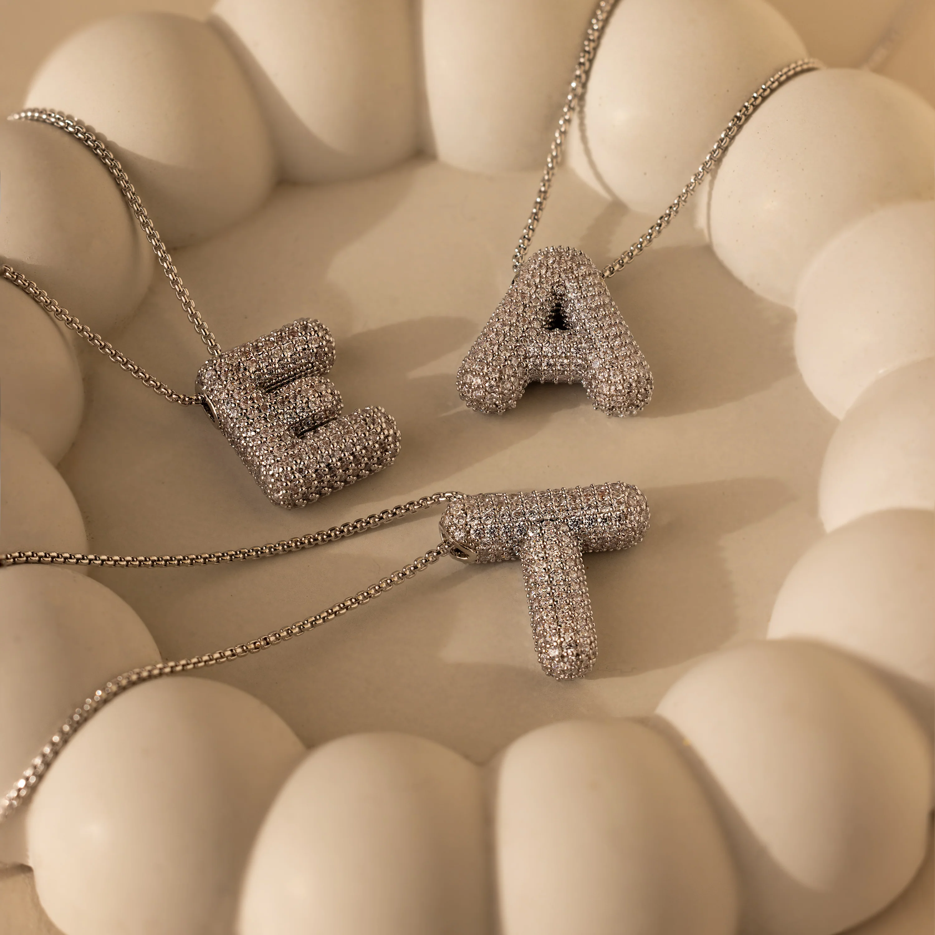 Pave Puff Letter Necklace in Silver
