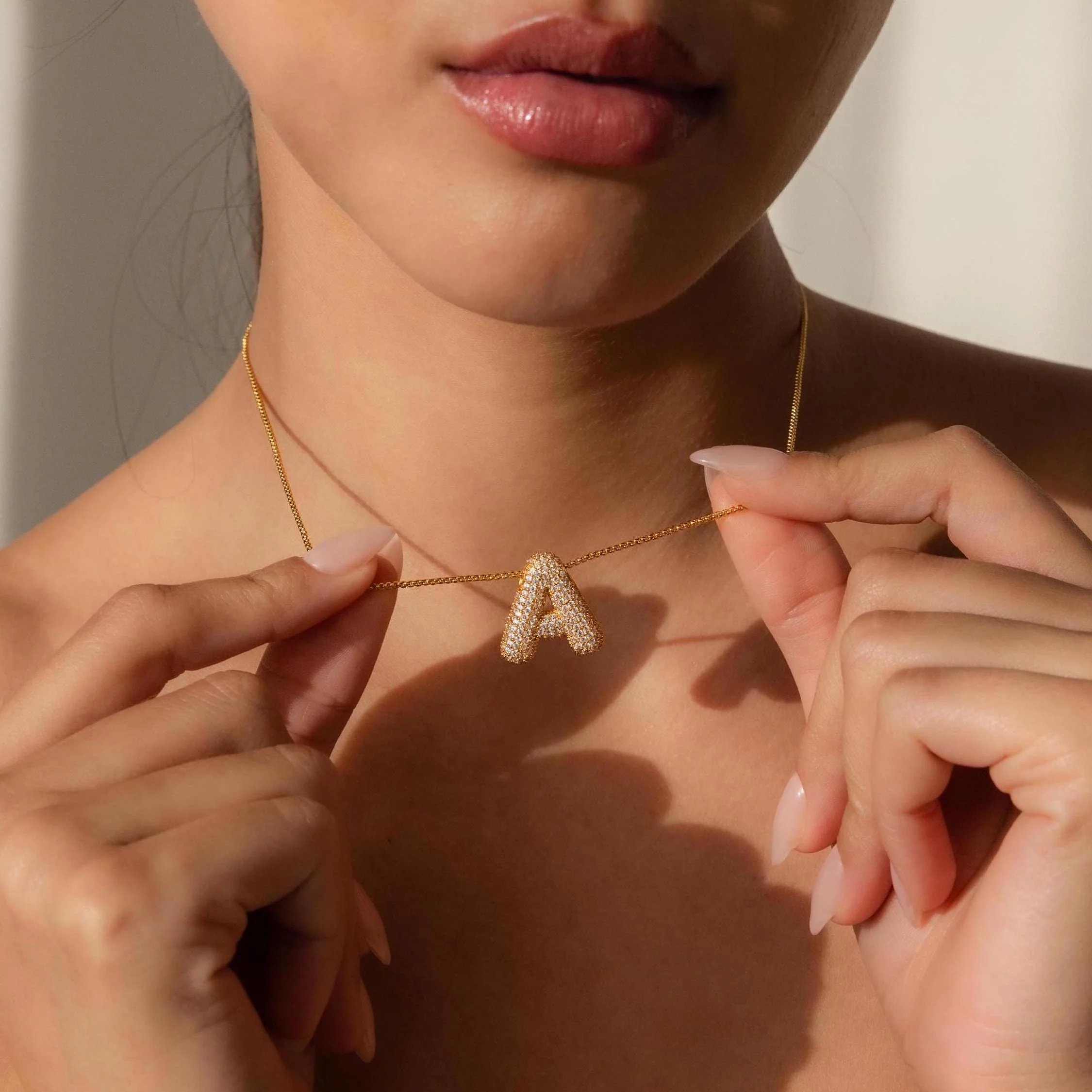 Pave Puff Letter Necklace in 18K Gold - Image 4