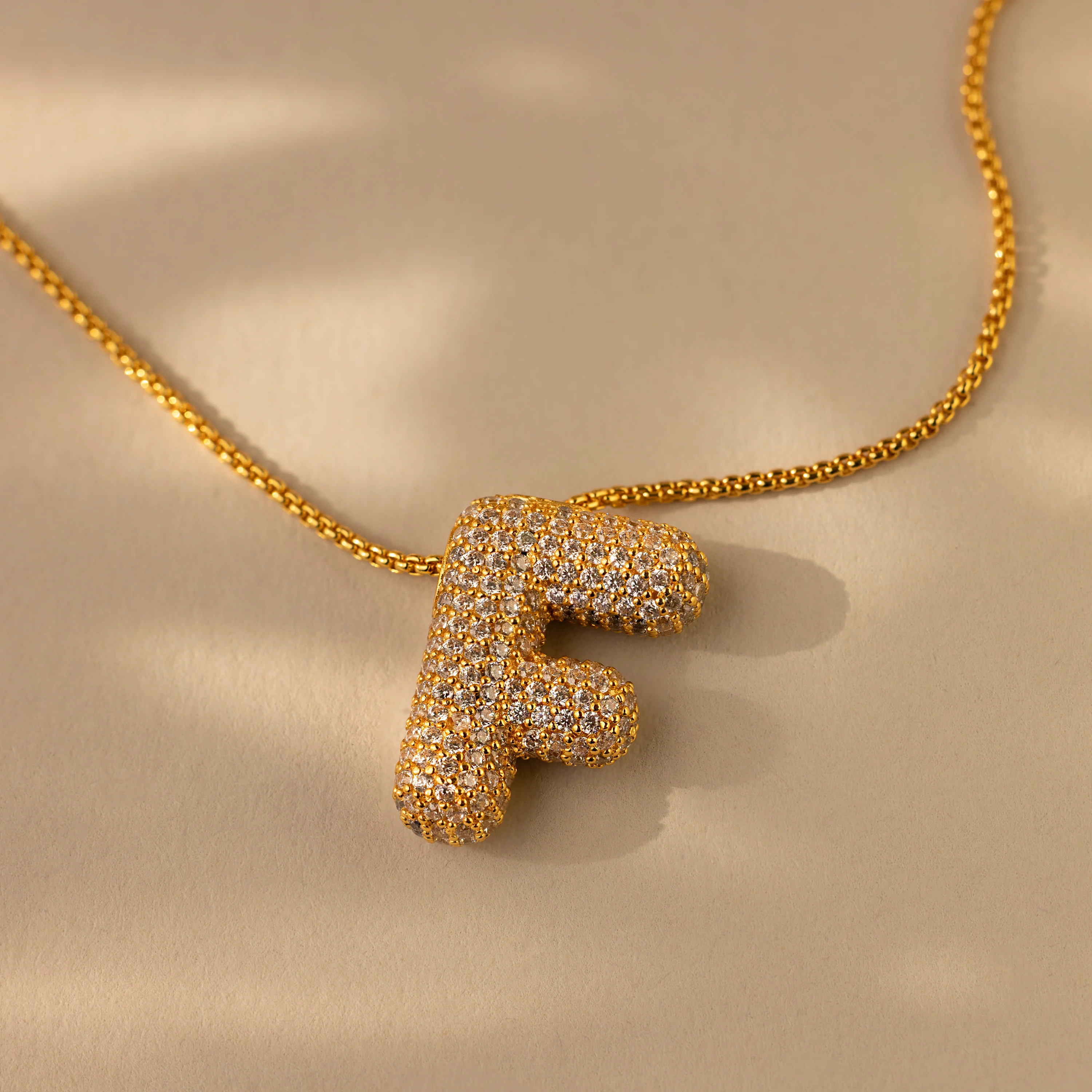 Pave Puff Letter Necklace in 18K Gold - Image 13