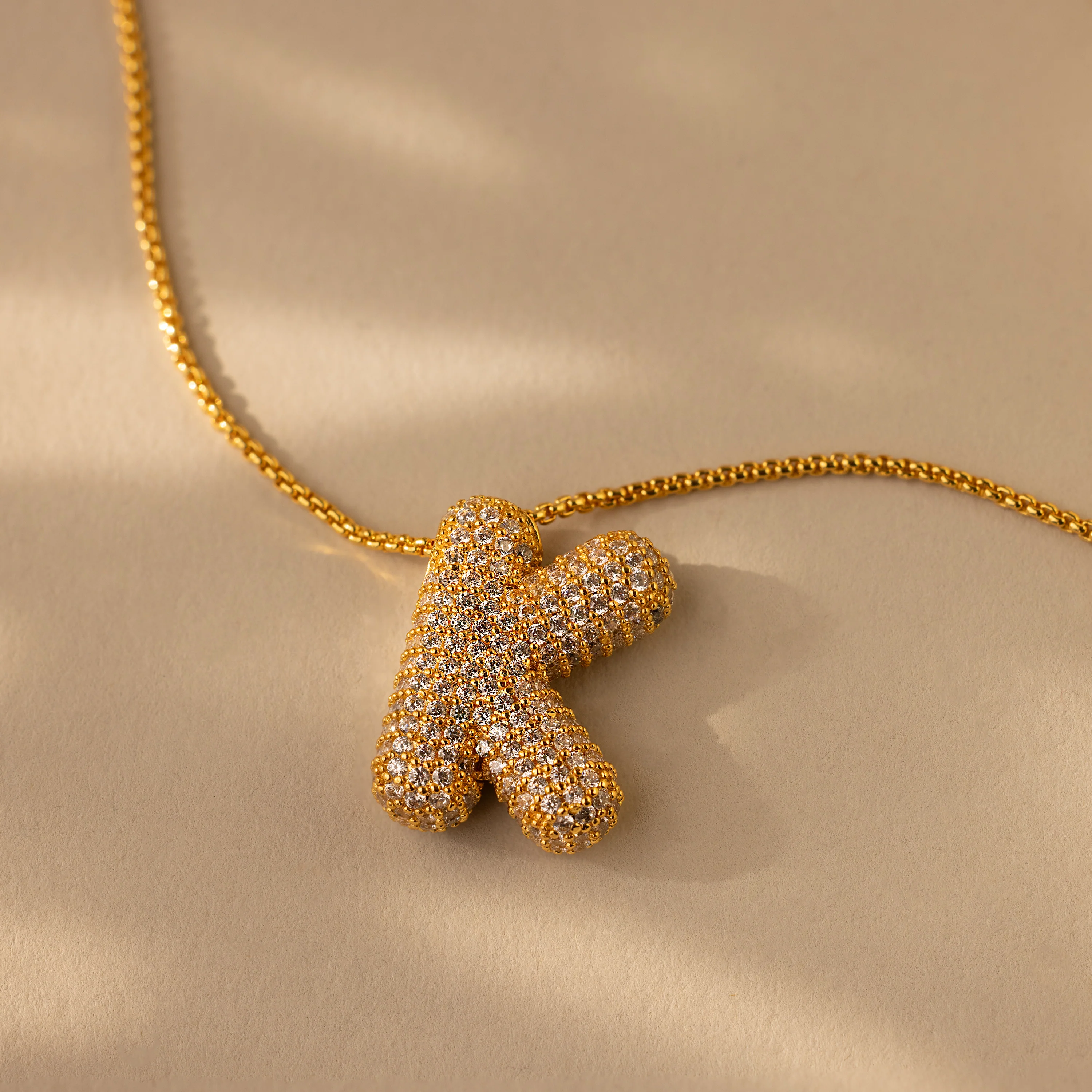 Pave Puff Letter Necklace in 18K Gold - Image 16