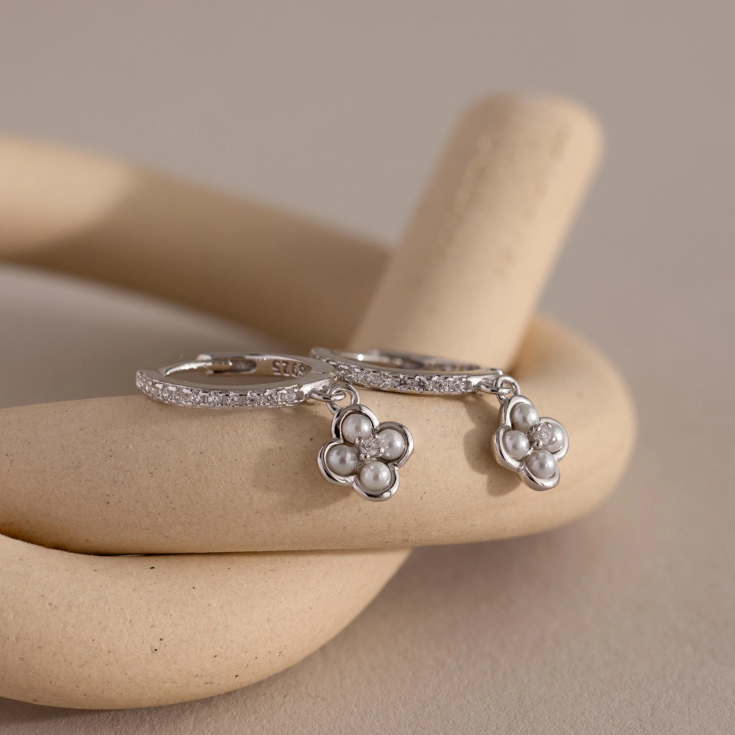 Pave Rounded Pearl Flower Hoops - Image 4