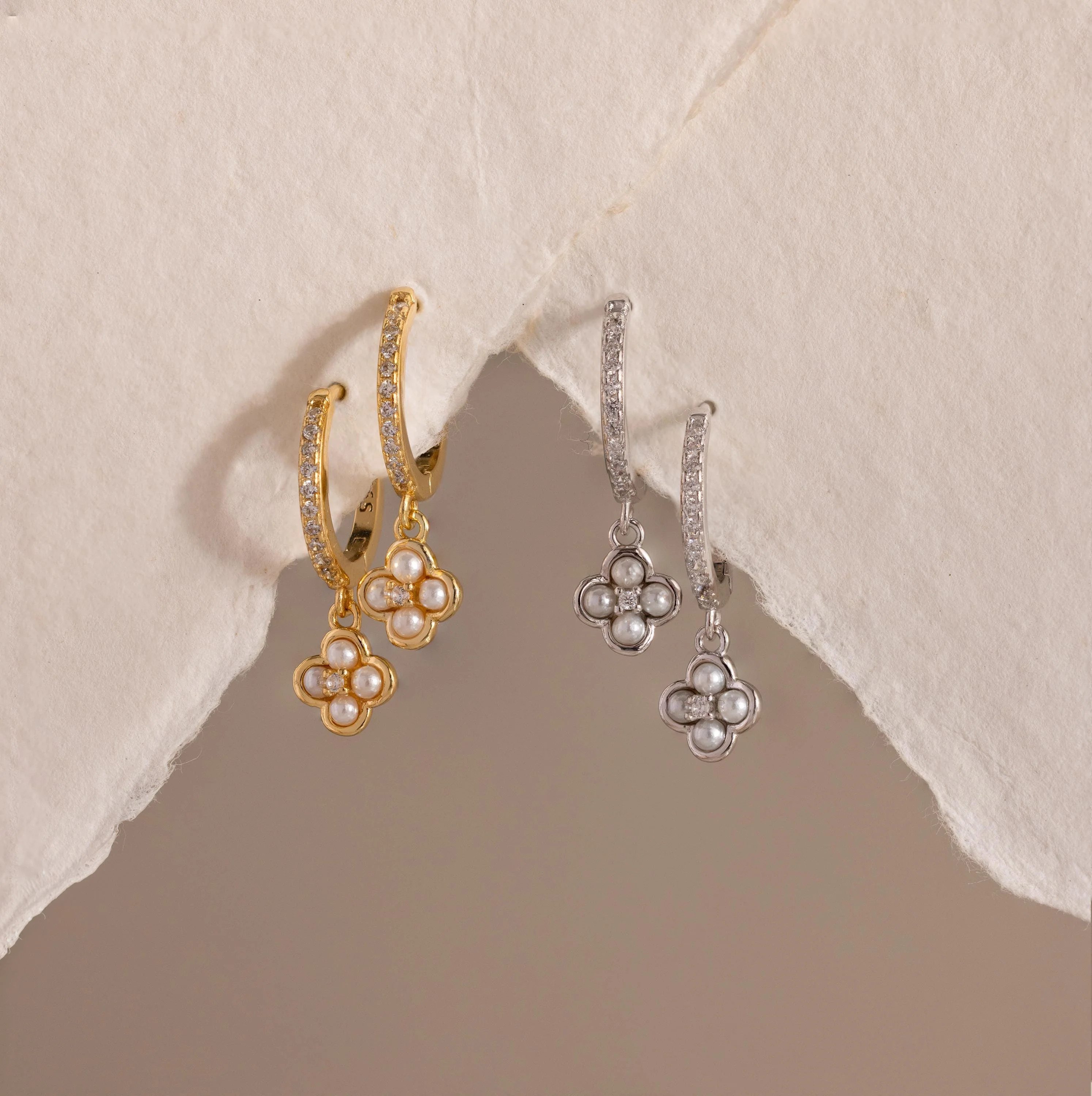 Pave Rounded Pearl Flower Hoops - Image 6