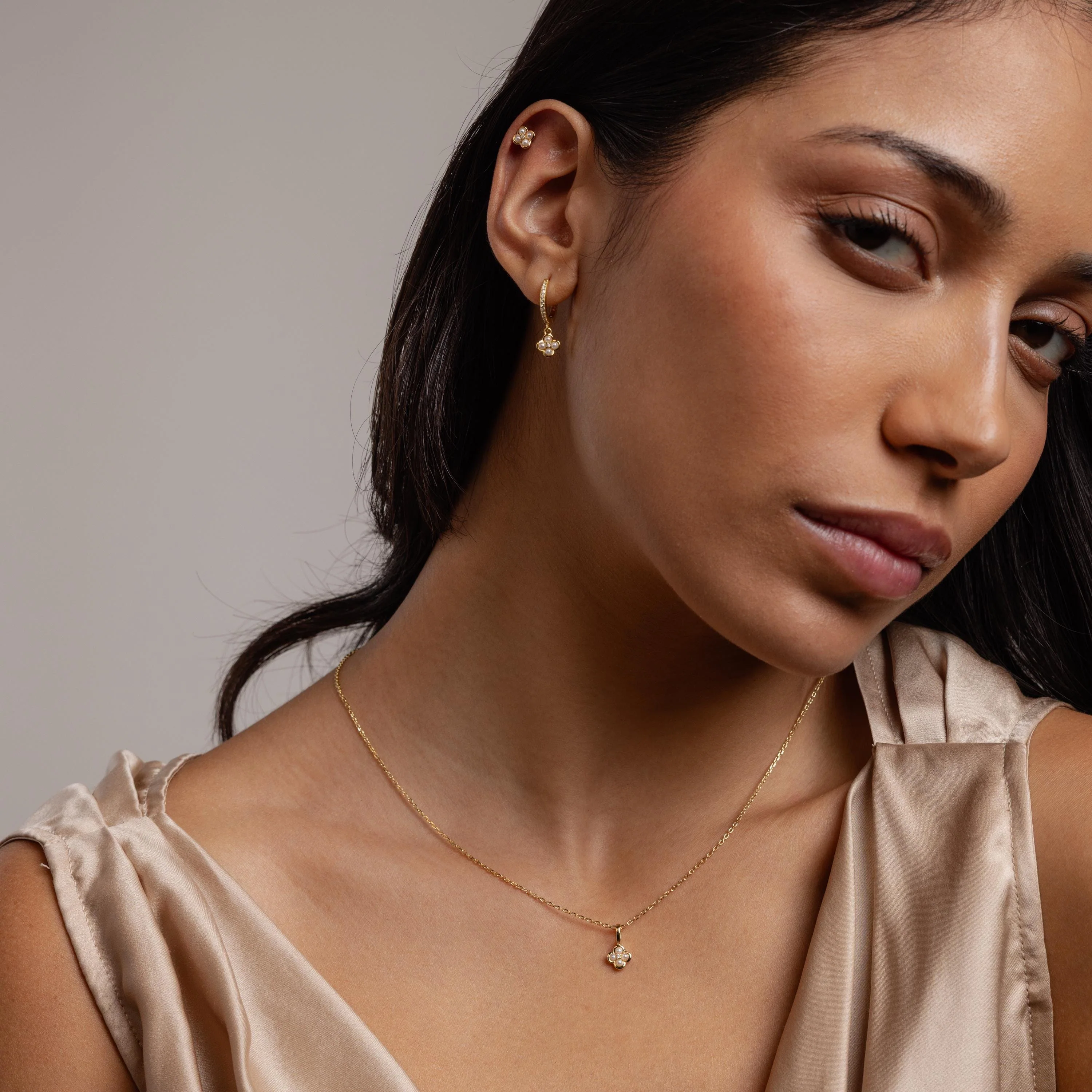 Pave Rounded Pearl Flower Hoops - Image 7