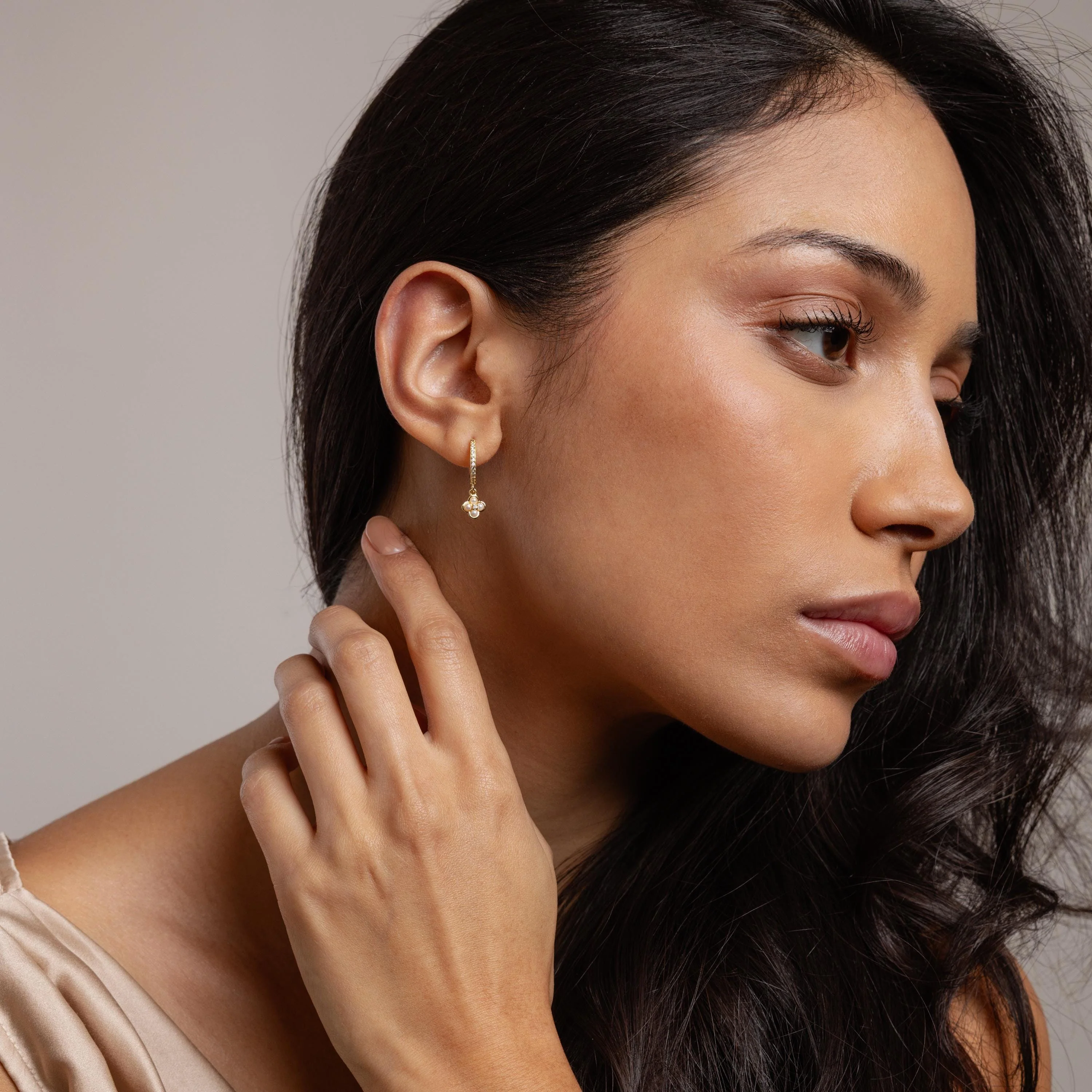 Pave Rounded Pearl Flower Hoops - Image 9