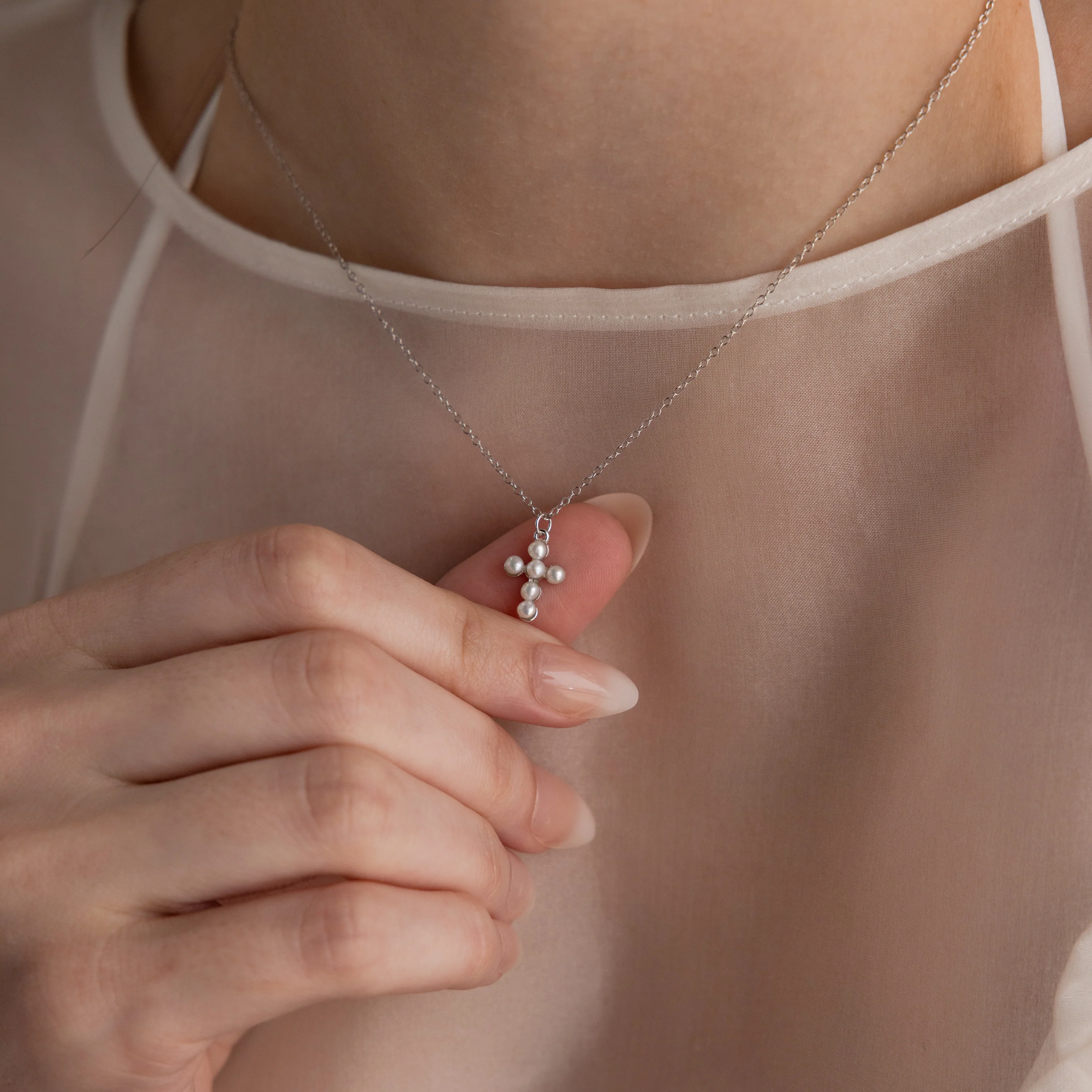 Pearl Cross Necklace in Silver - Image 2