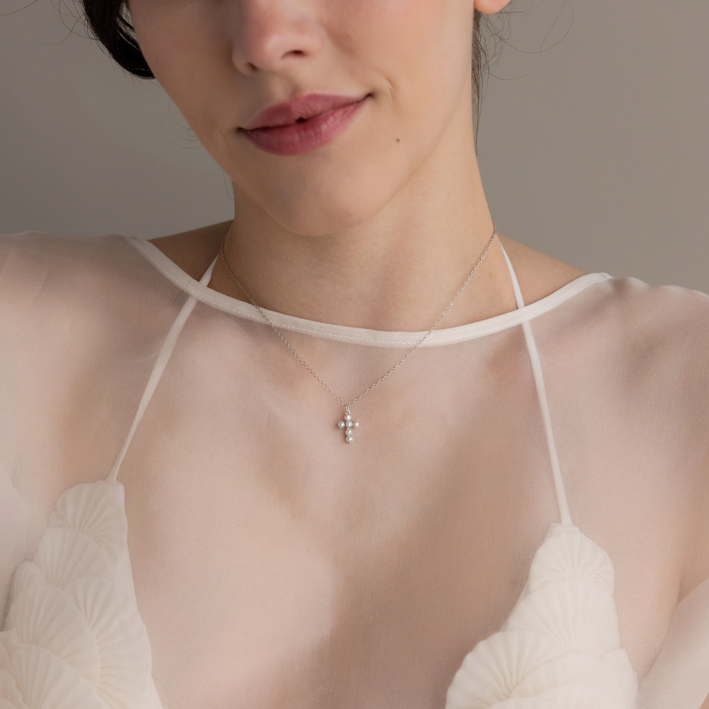 Pearl Cross Necklace in Silver - Image 4