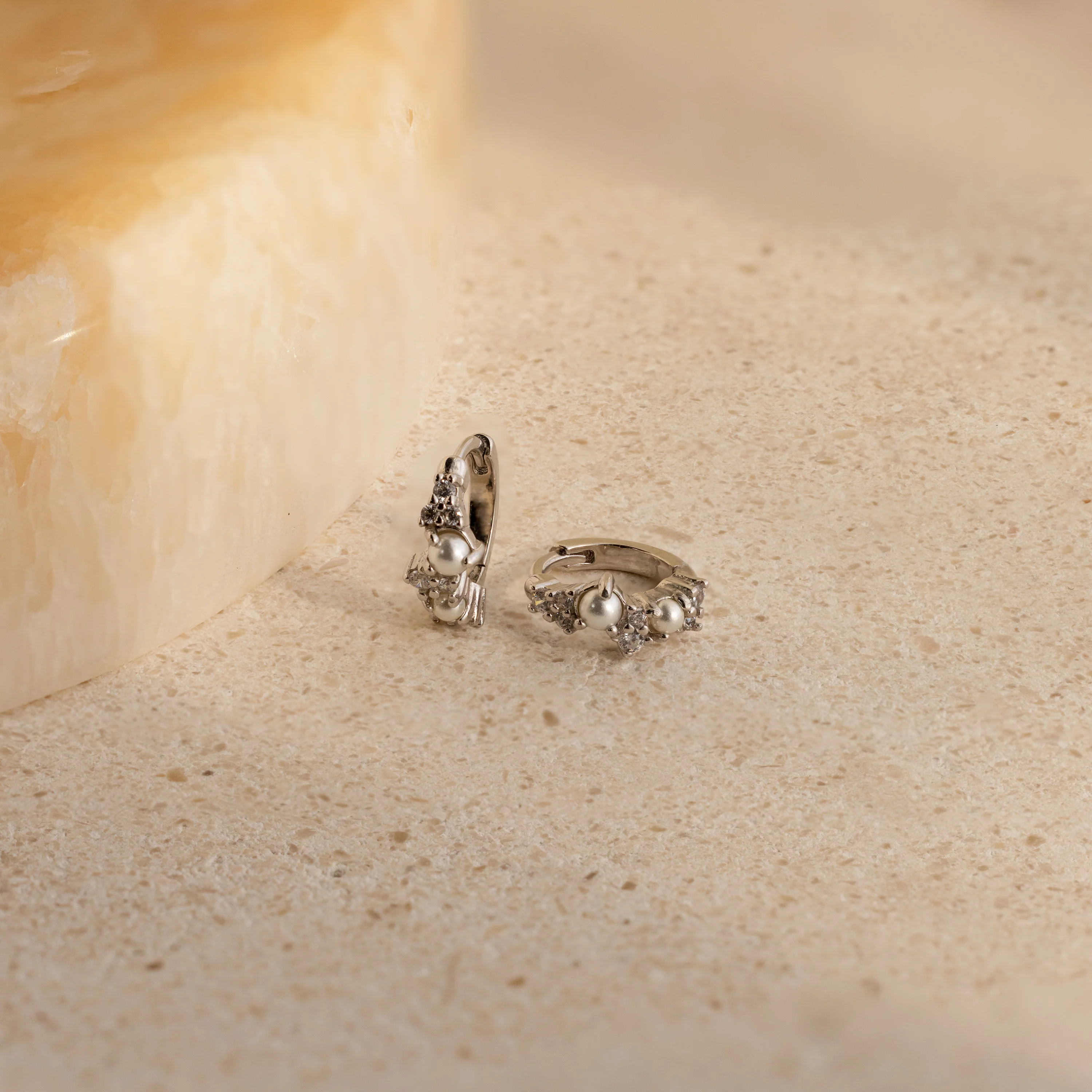 Pearl Diamond Cluster Huggies in Silver
