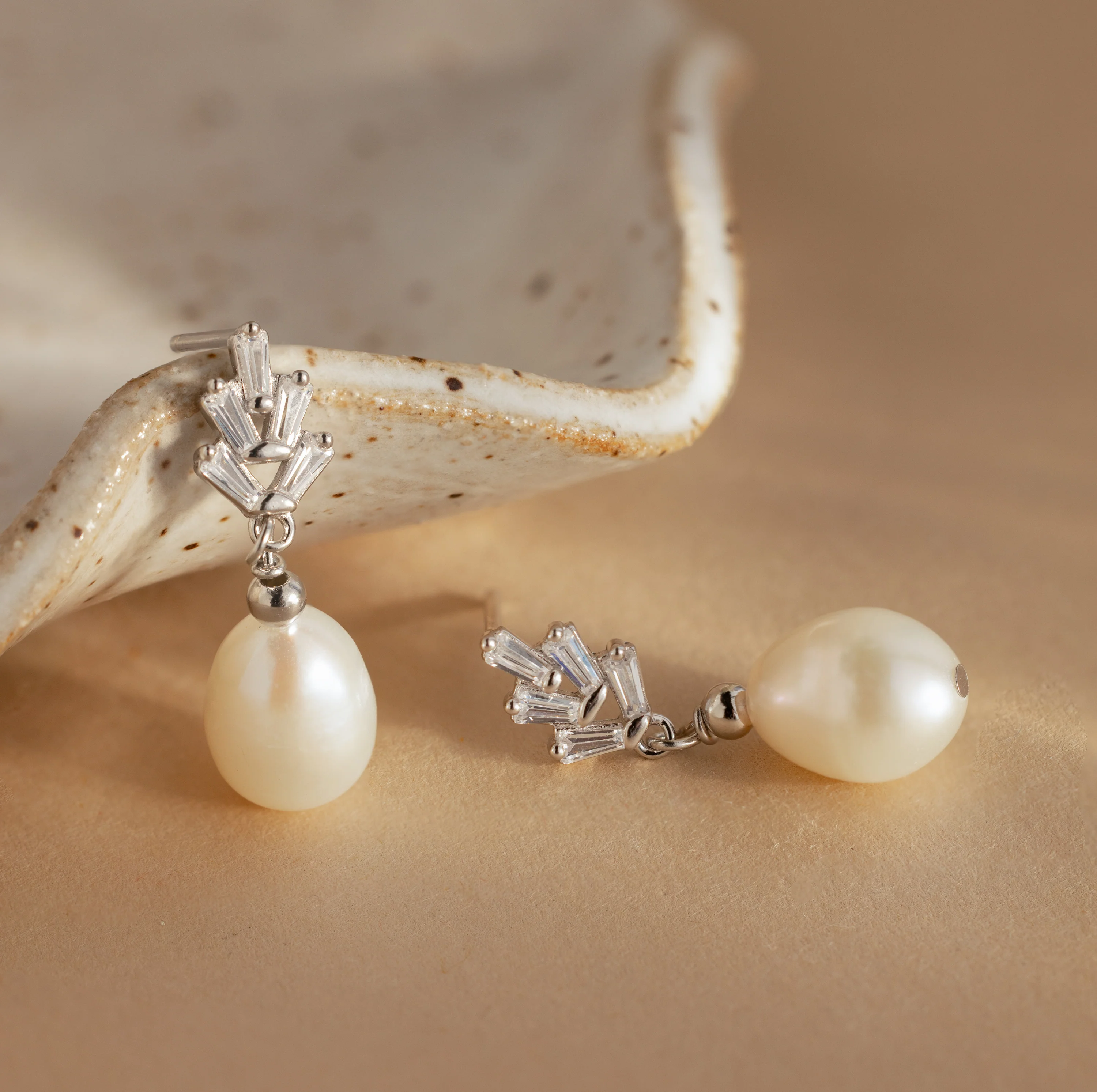Pearl Diamond Drop Earrings in Silver - Image 3