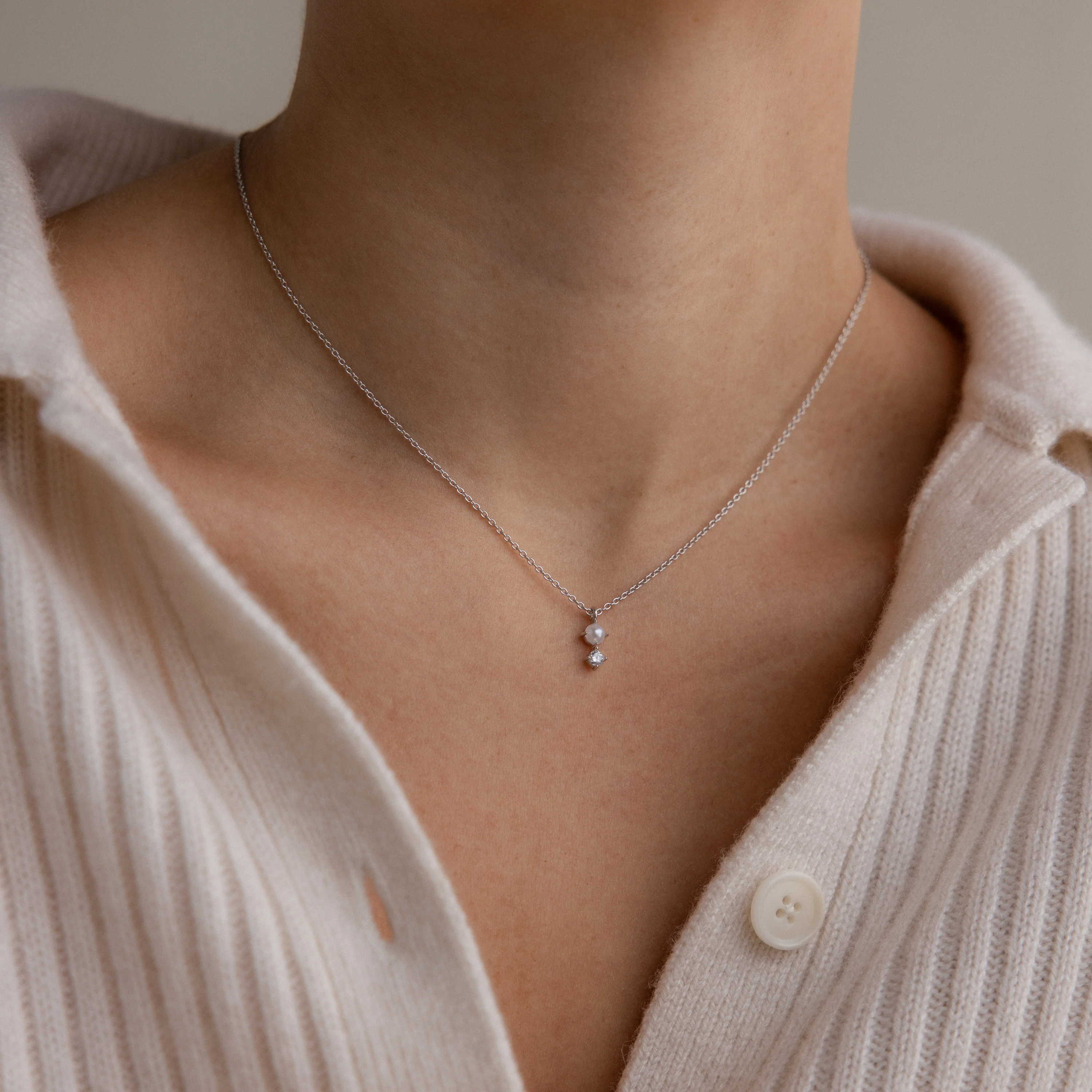 Pearl Diamond Drop Necklace in Silver - Image 2