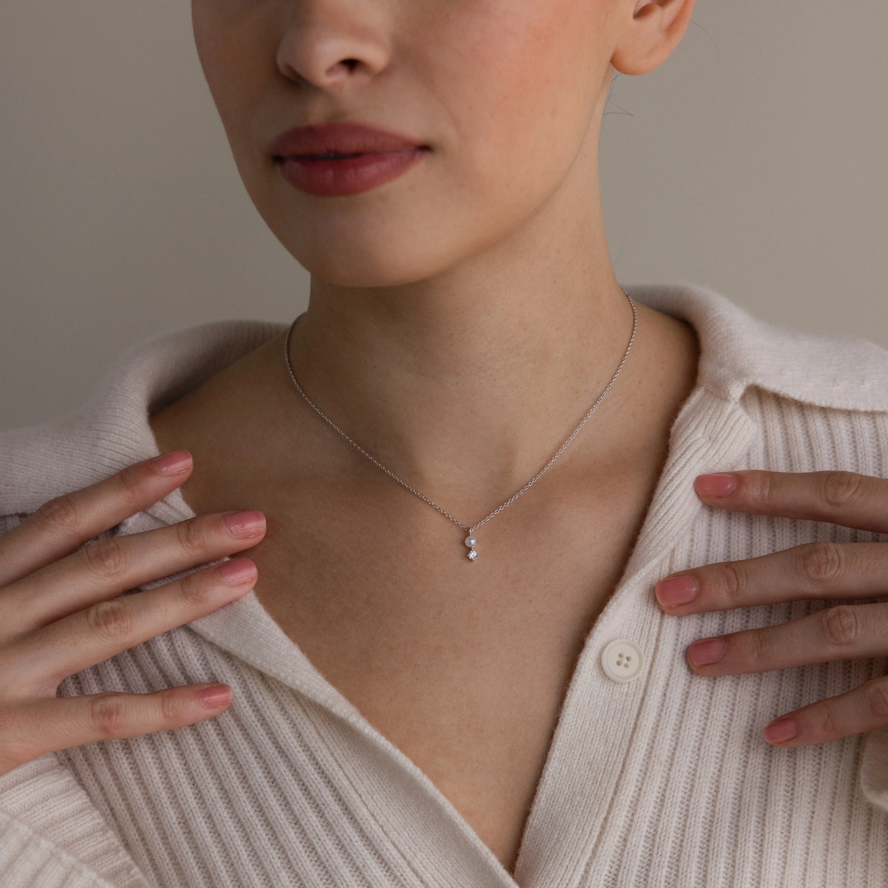 Pearl Diamond Drop Necklace in Silver - Image 4