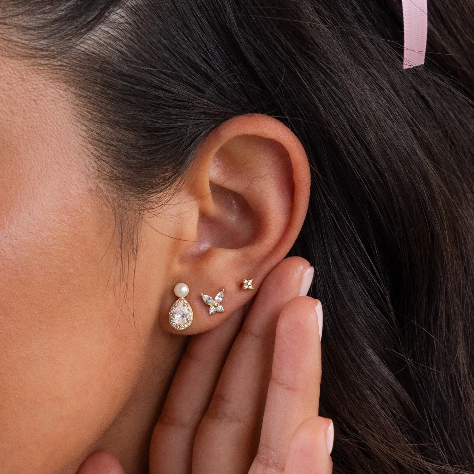 Pearl Diamond Teardrop Studs - Image 4