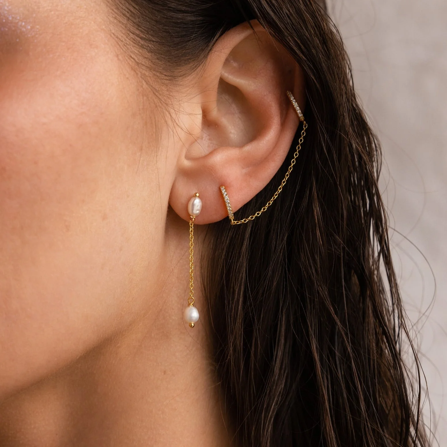 Pearl Drop Chain Earrings - Image 2
