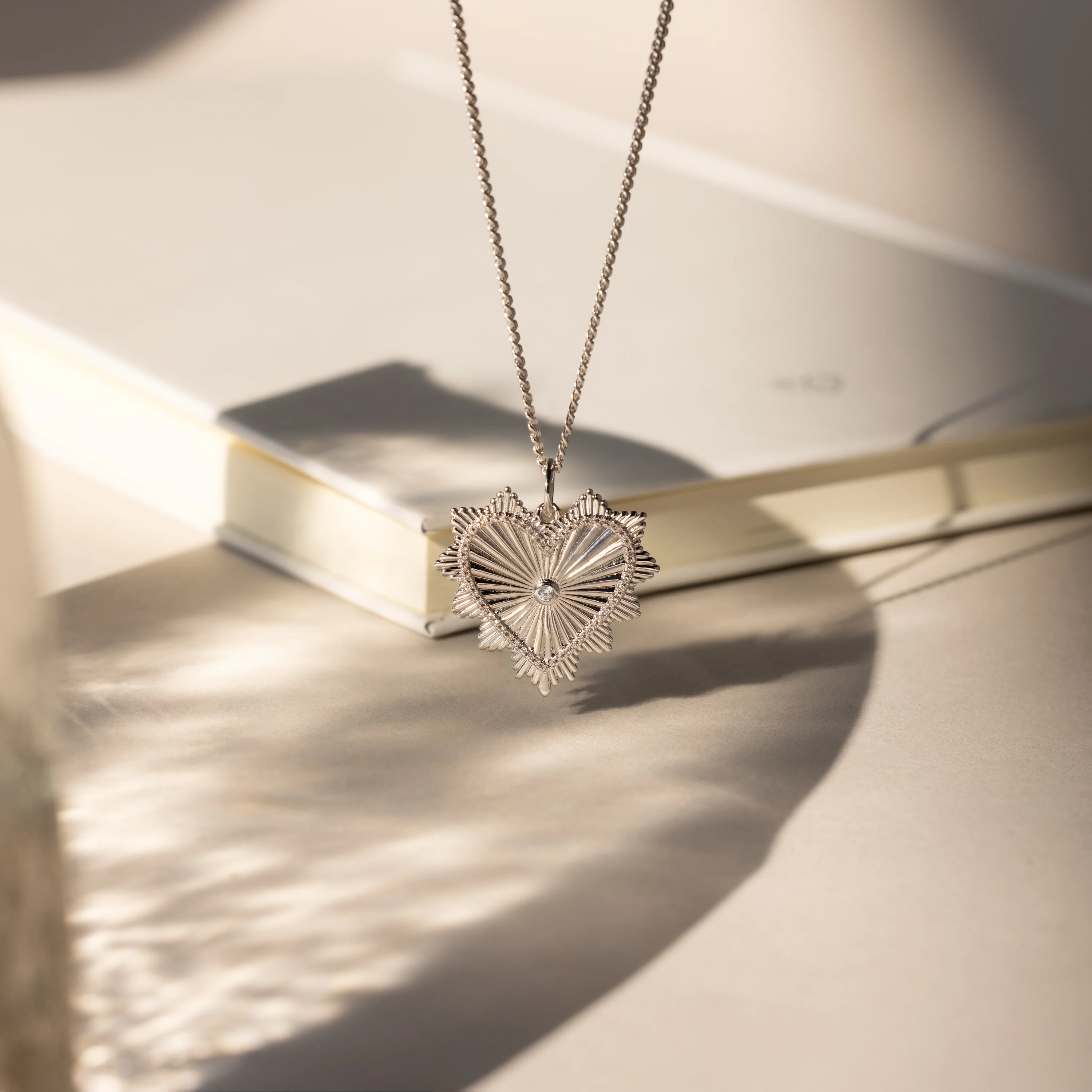 Ribbed Diamond Heart Charm in Silver - Image 3