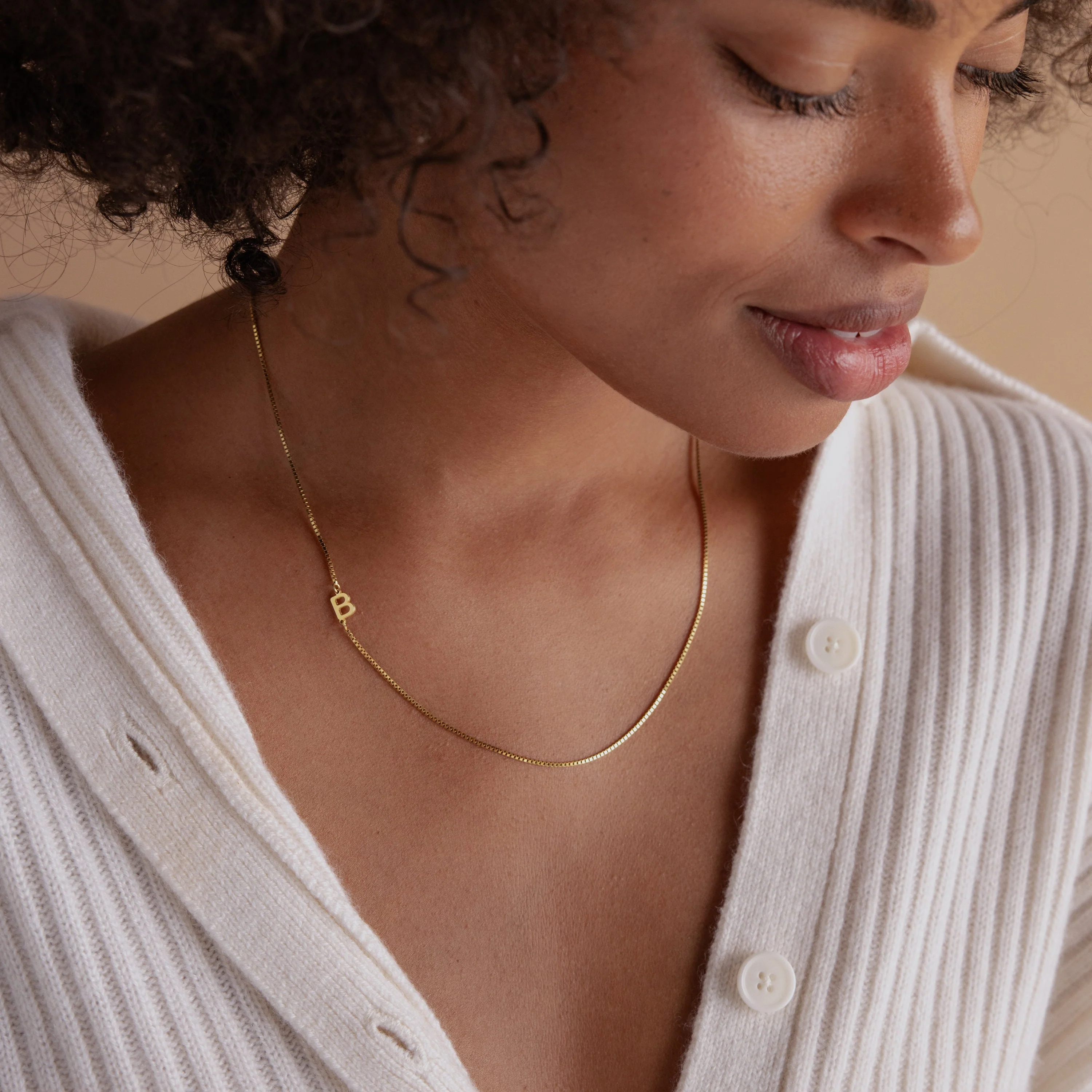 Sideways Initial Necklace in Box Chain