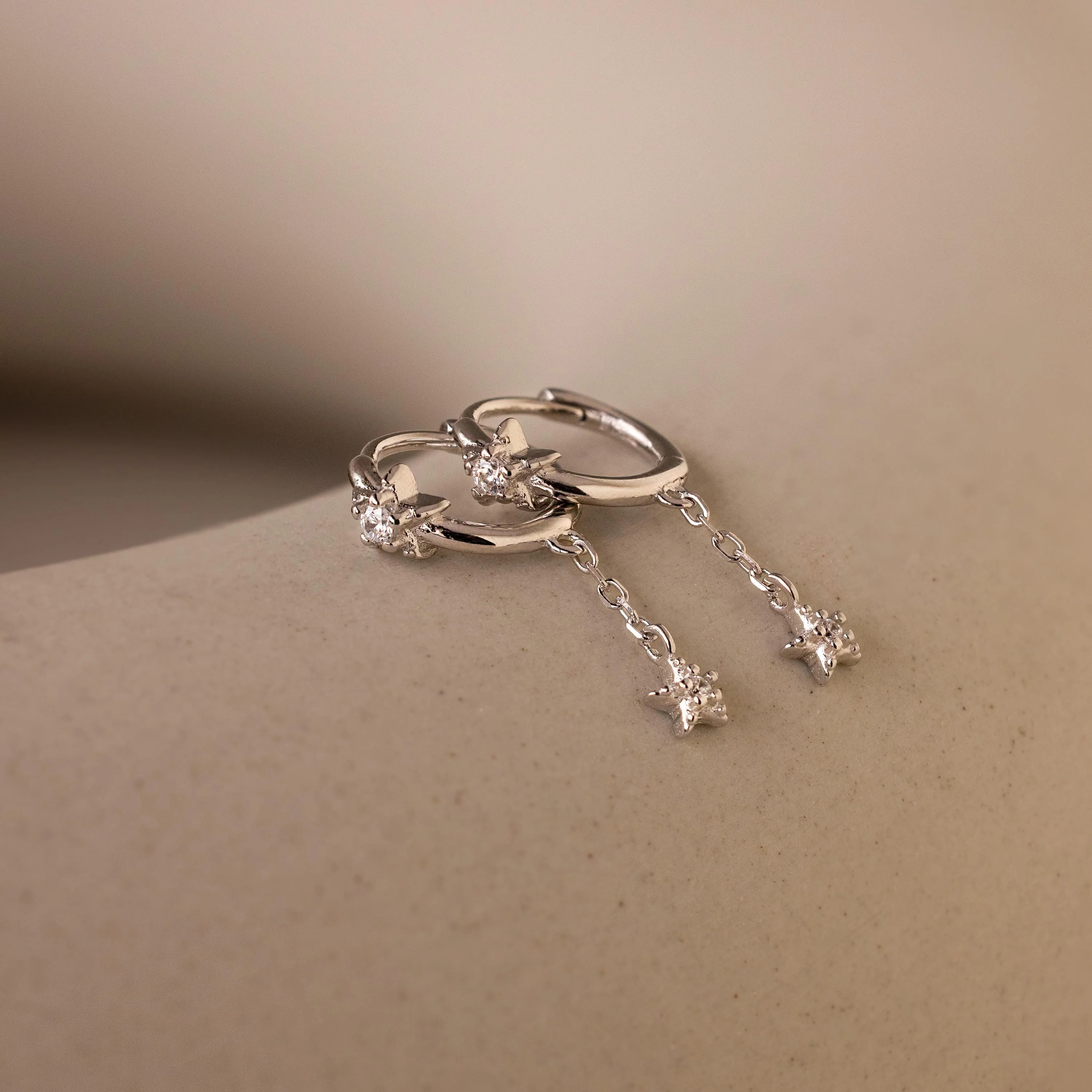 Star Drop Chain Huggies in Silver - Image 4
