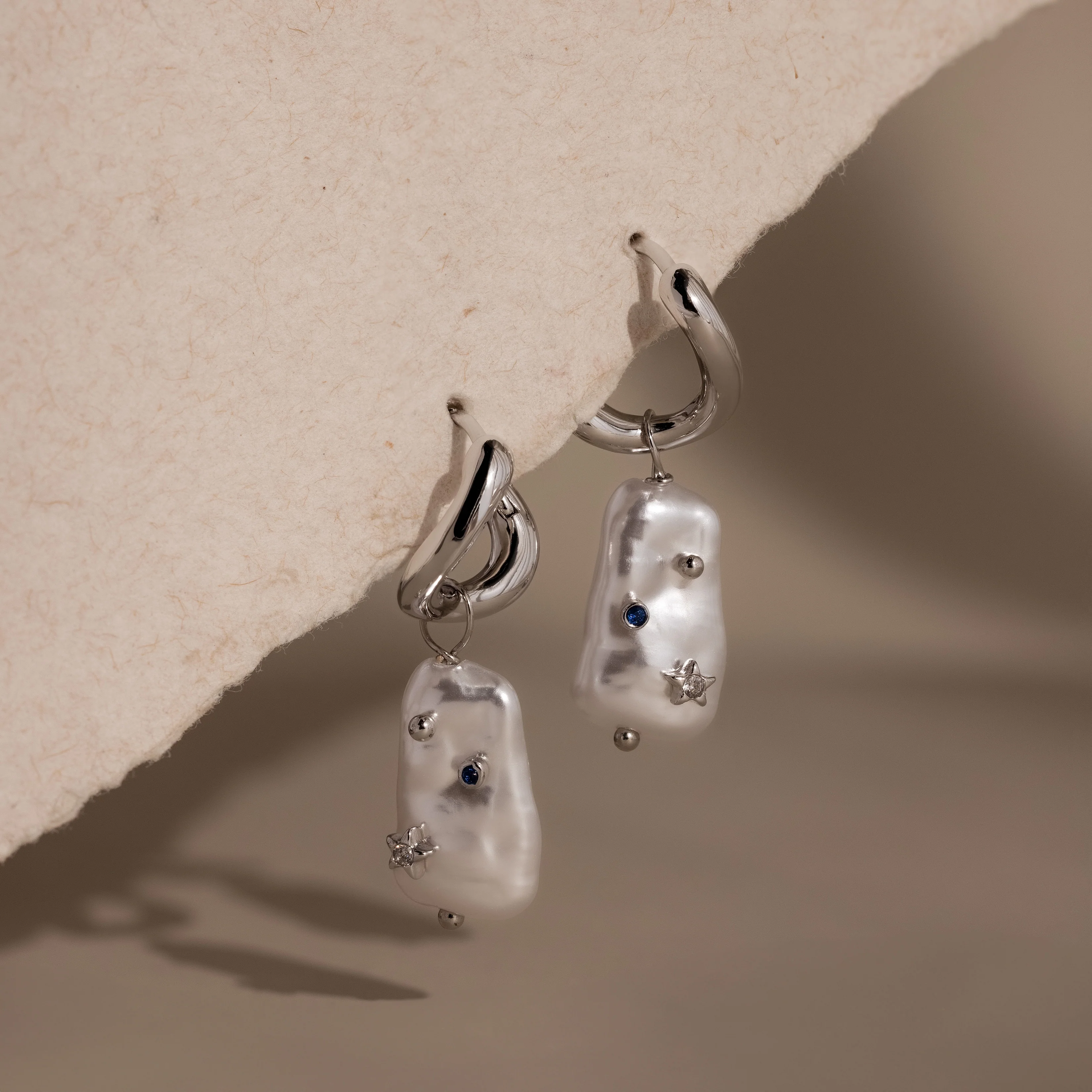 Starry Baroque Pearl Charm Hoops in Silver - Image 3