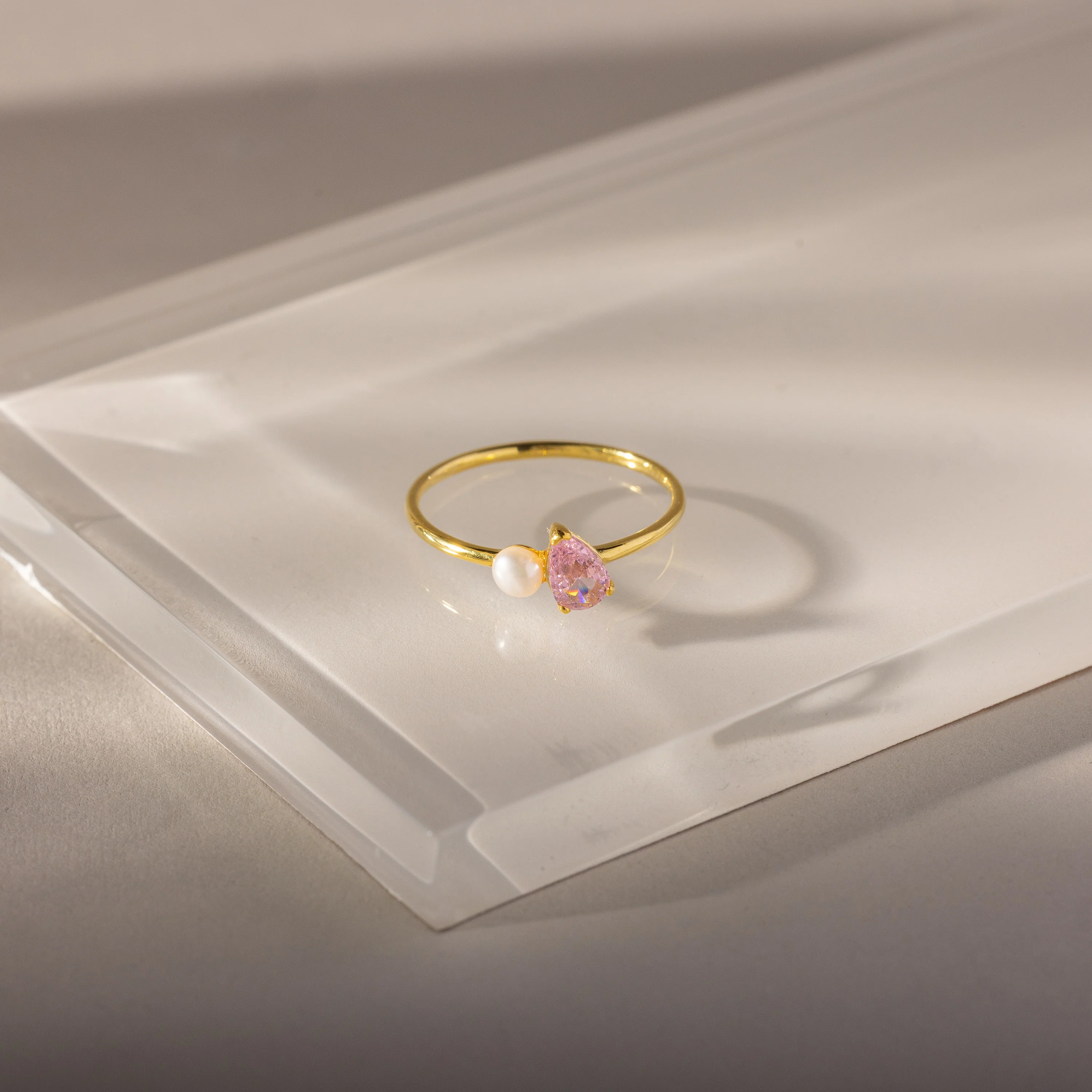 Teardrop Pink Tourmaline & Pearl Ring