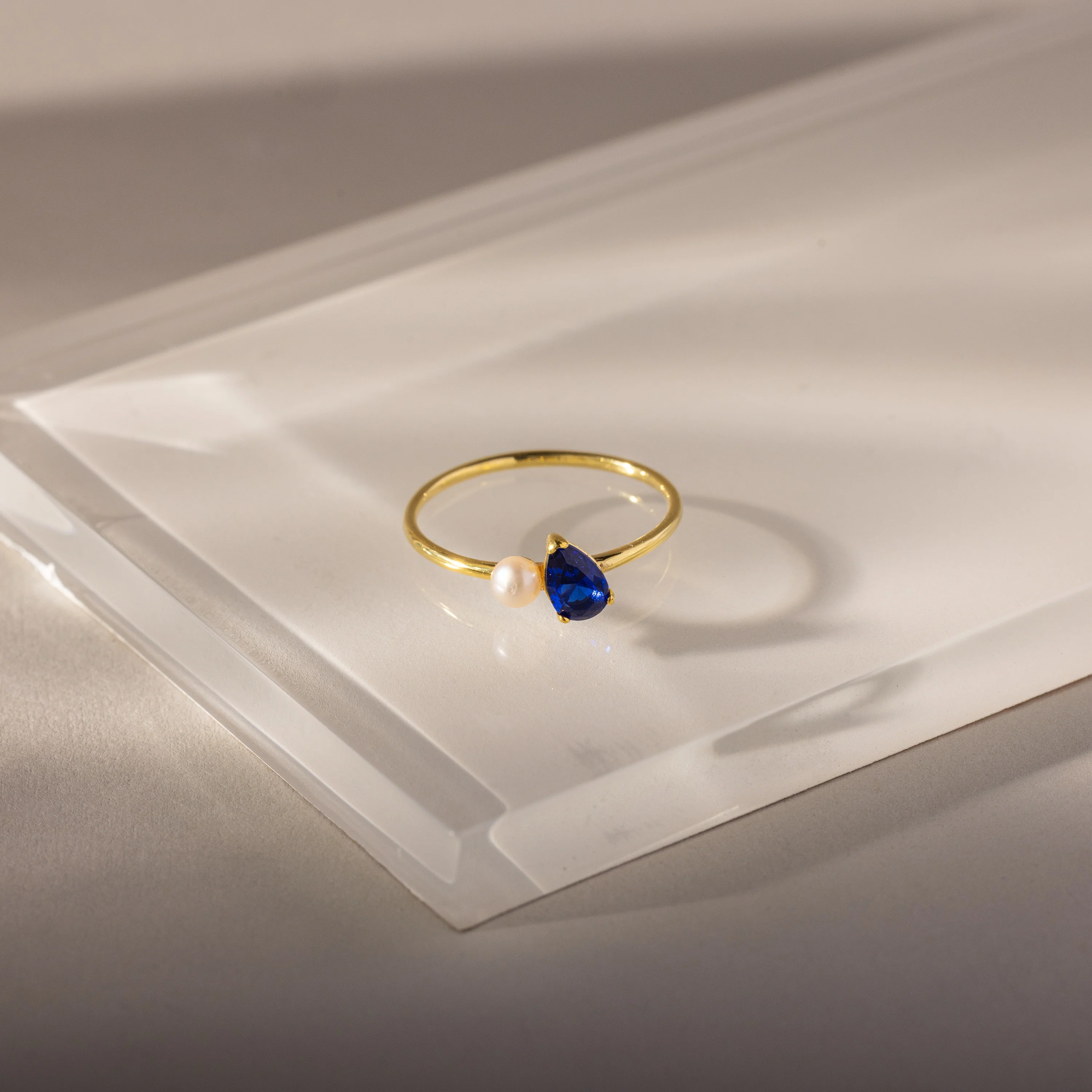 Teardrop Sapphire & Pearl Ring
