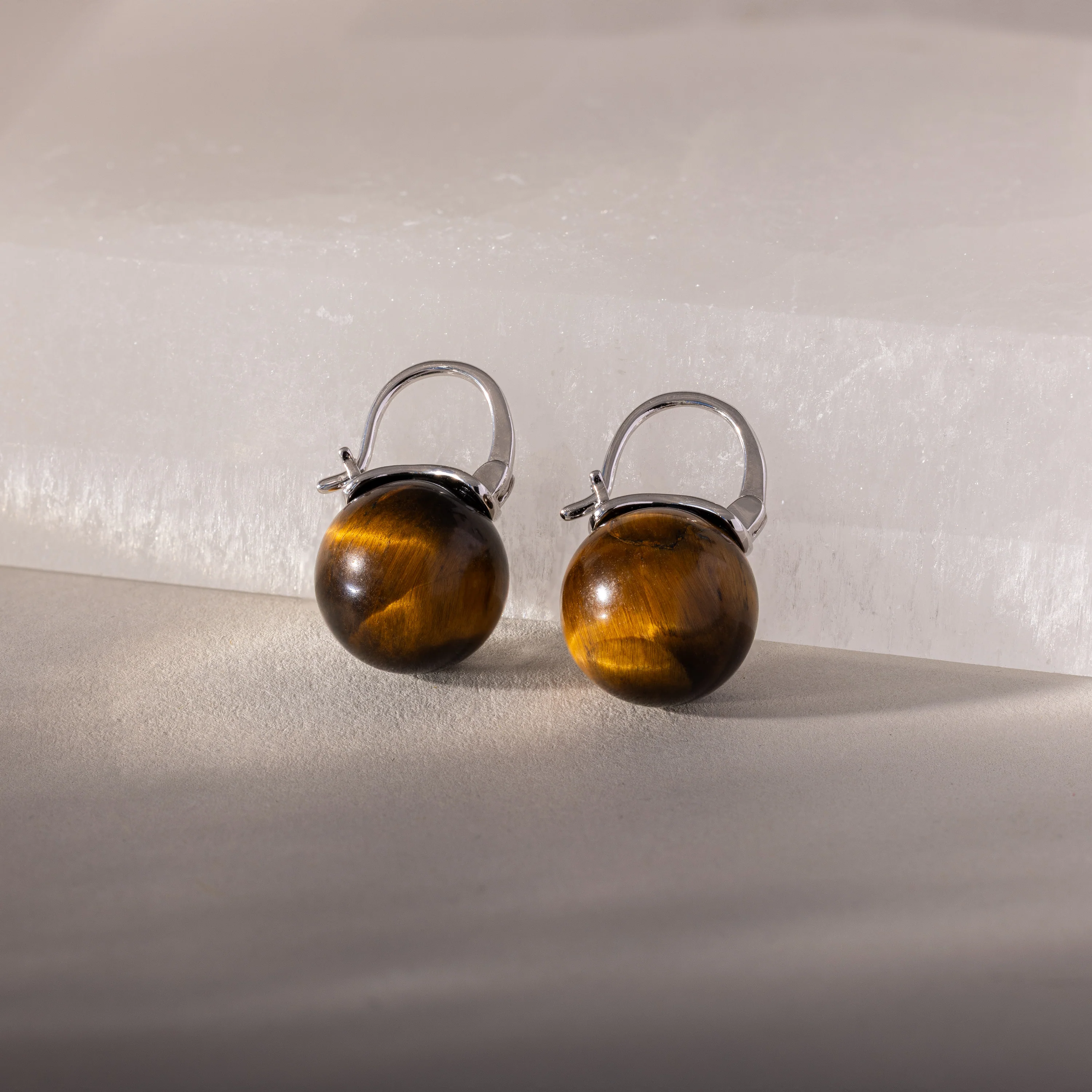 Tiger's Eye Dome Drop Earrings in Silver