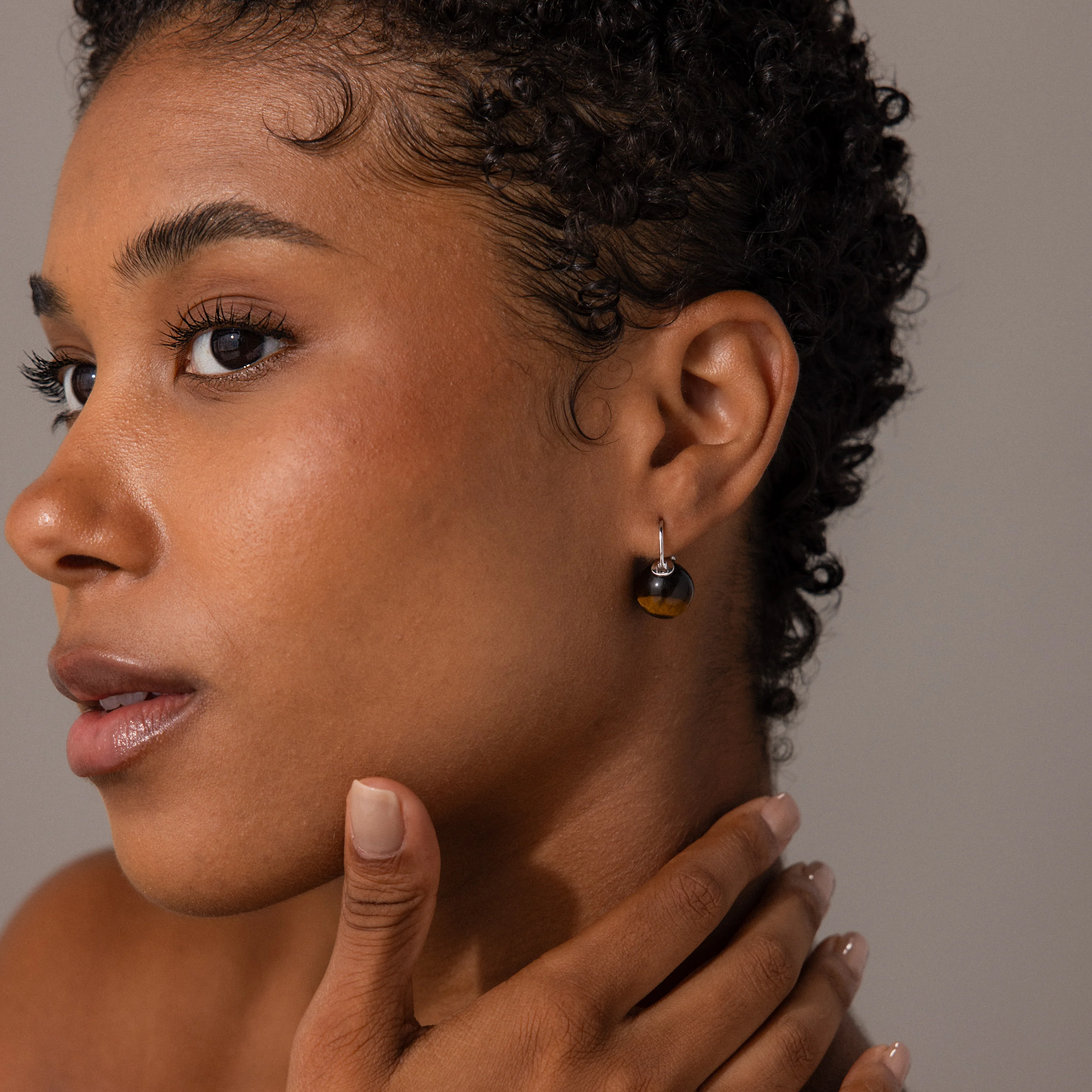 Tiger's Eye Dome Drop Earrings in Silver - Image 4