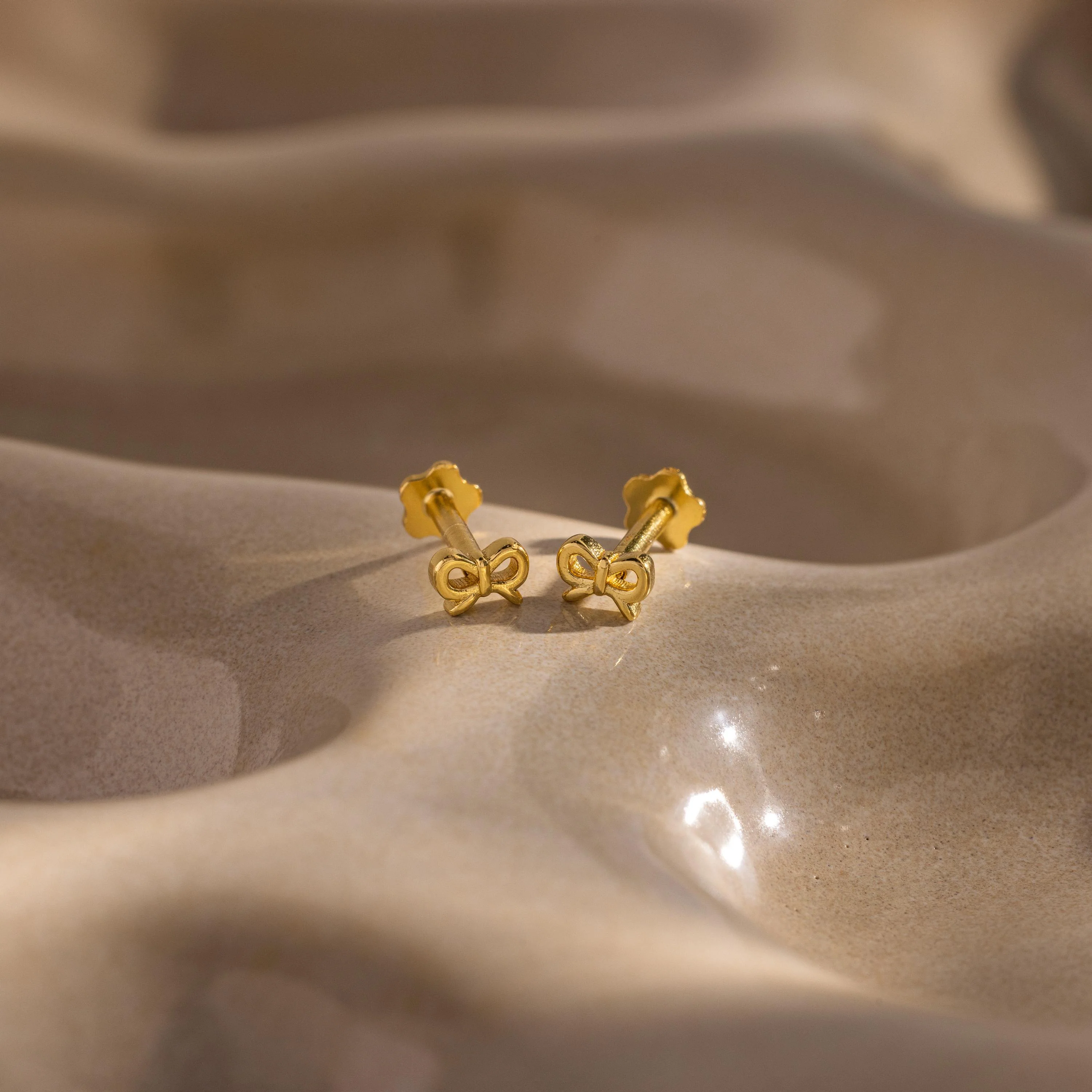 Tiny Bow Flatback Studs in 18K Gold