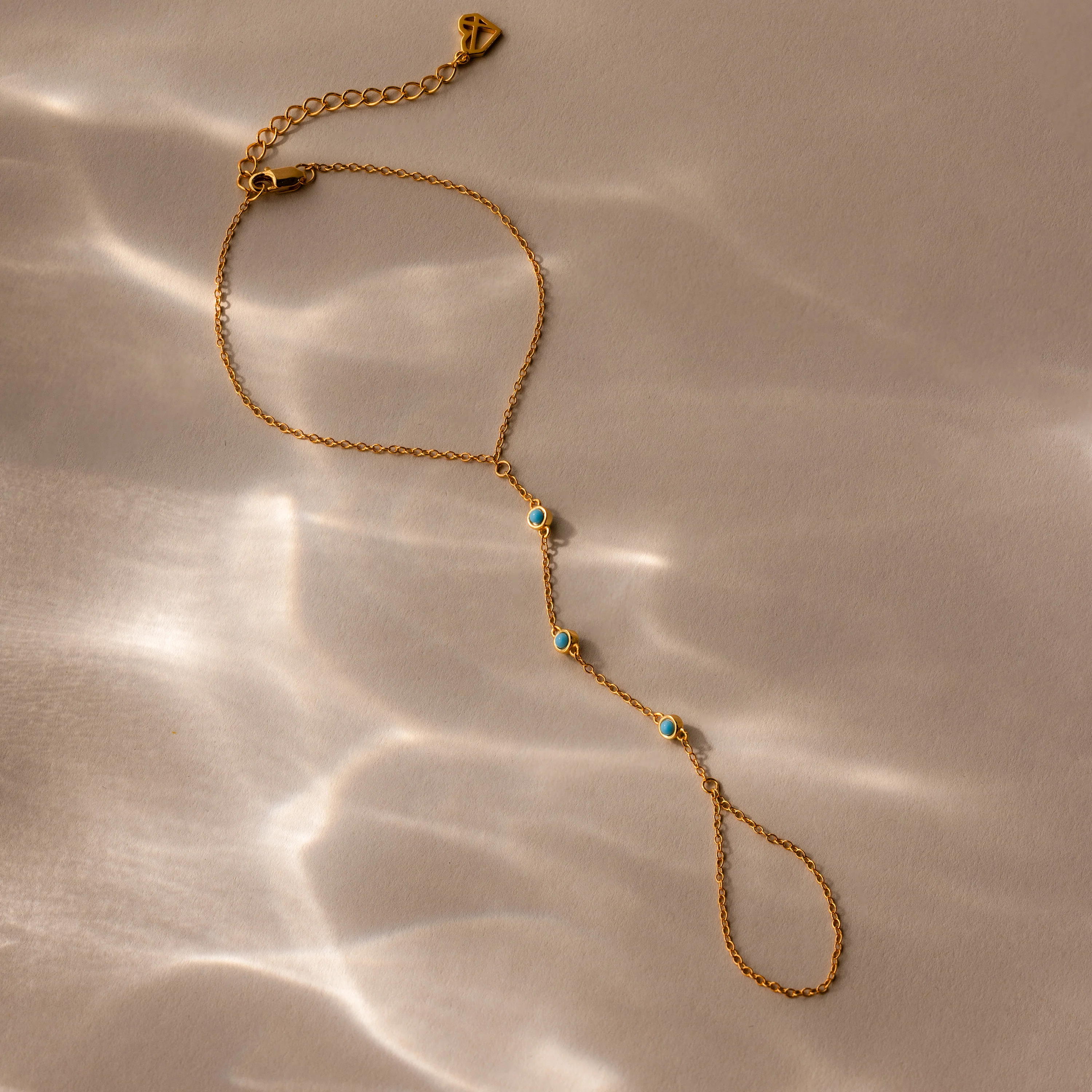 Turquoise Hand Chain Bracelet in 18K Gold - Image 2