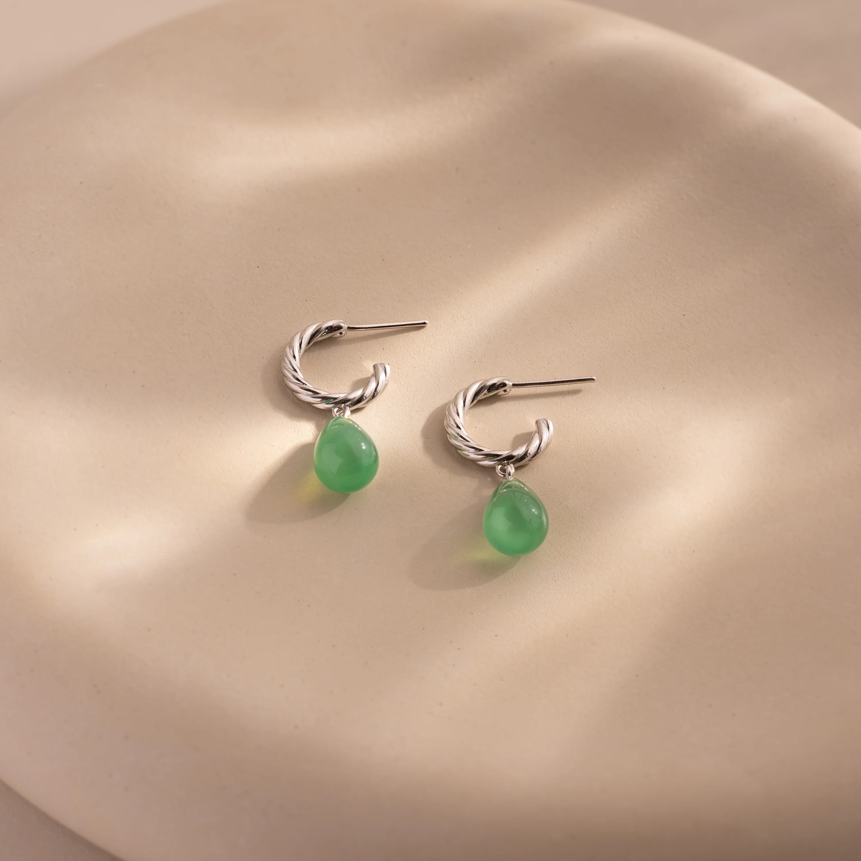 Twisted Jade Hoops in Silver - Image 3
