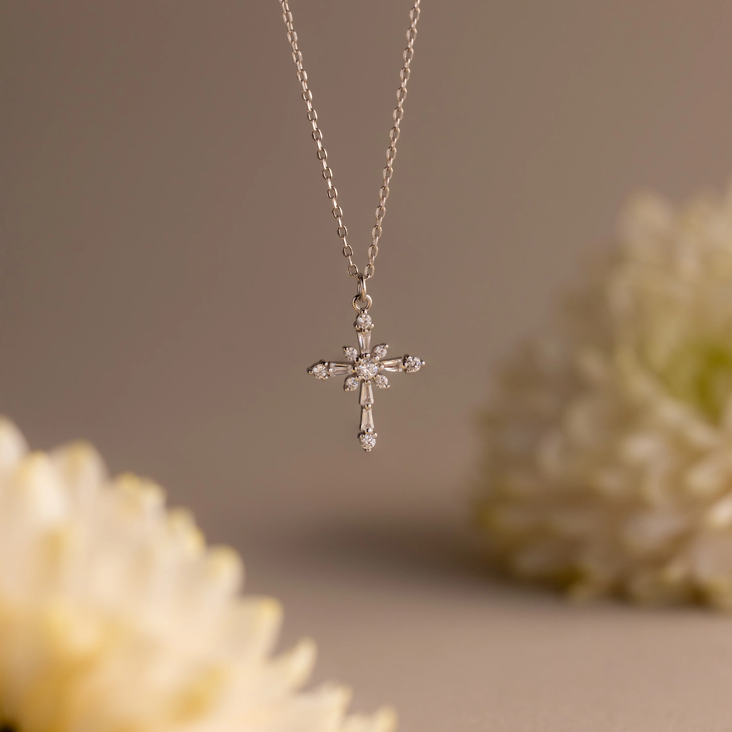 Vintage Diamond Cross Necklace in Silver