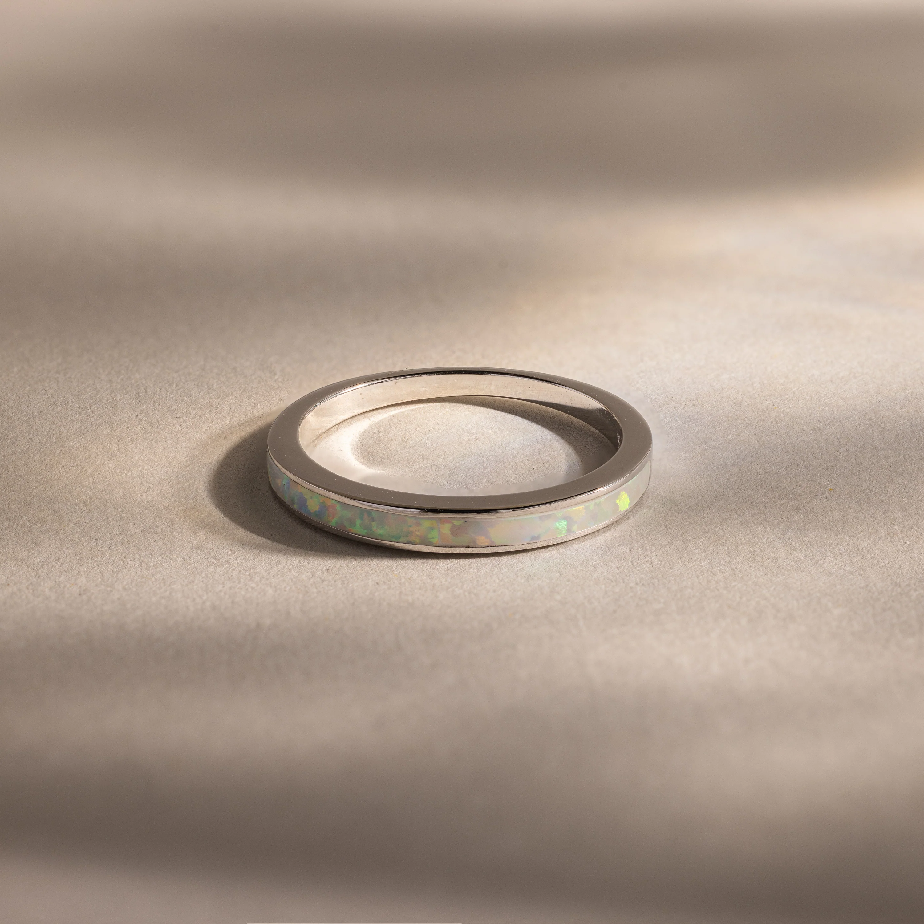 White Opal Inlay Band in Silver
